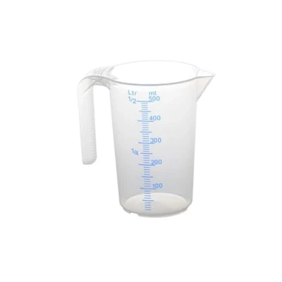 Obrázek hünersdorff Messbecher 0,5l Polypropylen (PP) bruchsicher und spülmaschinengeeignet offener Griff , Transparent+blau