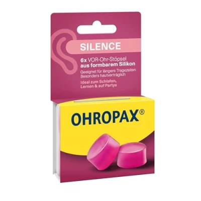 Obrázek OHROPAX Silence špunty do uší růžové ucpávky z tvarovatelného silikonu dermatologicky testováno vhodné pro všechny uši hodnota zvukové izolace SNR 23 dB na spaní, učení a party 6