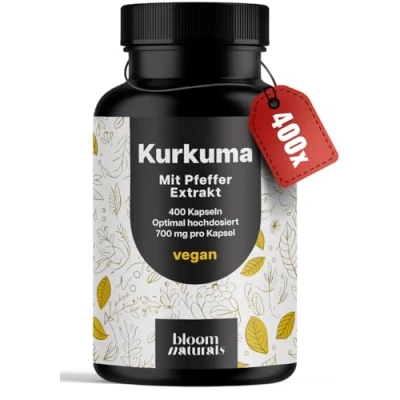 Obrázek kapsle s kurkumou ve vysokých dávkách 400 kapslí (13 měsíců) se 700 mg kurkuminem a piperinem veganské láskou z Německa kurkuma