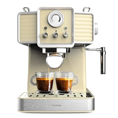 Obrázek Cecotec Expresní kávovar Power espresso 20 Tradizionale Light Yellow. 1350 W, a cappuccino, barů termoblok, parní tryska, manometr, vintage design, kapacita 1,5 litru.
