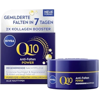 Obrázek NIVEA Q10 regenerační noční péče proti vráskám POWER péče, vyhlazující o obličej pro všechny typy pleti, krém s čistým Q10, kreatinem a kyselinou hyaluronovou (50 ml)