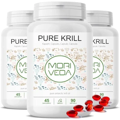 Obrázek Kapsle z krilového oleje 1000 mg PURE krill olej na 135 dní s astaxanthinem Omega 3 6 EPA DHA cholin fosfolipidy Moriveda 3x 90 kapslí