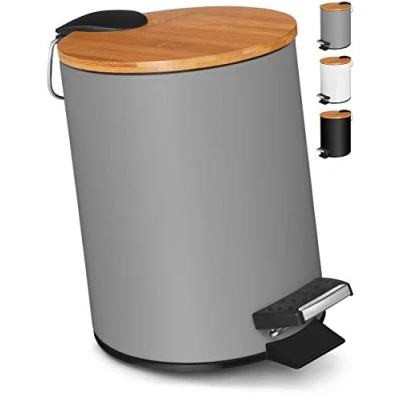 Obrázek VMbathrooms 3l kosmetický koš v ušlechtilém šedém designu Šlapací odpadkový s automatickým sklápěním (Soft Close) Elegantní kbelík do koupelny vnitřní nádobou a bambusovým dřevěným víkem