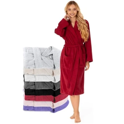Obrázek Župan dámský 100% bavlna certifikováno Öko Tex® XS, S, M, L, XL ranní župan s kapucí, 2 kapsy, pásek, Burgundská červená