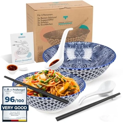 Obrázek Urban Lifestyle Ramen Schüssel Dinner Set 2 osoby z porcelánu 20 cm objem 0,8 1 l miska na polévku salátová Mísa Polévka Bowl nudle Misky müsli Pho (Seigaiha)