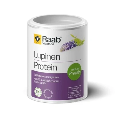 Obrázek Raab Vitalfood Bio lupinový proteinový prášek, čistý prášek se 43 % bílkovin, z biologického pěstování, veganský, sladké lupy Evropy, 100 gramů