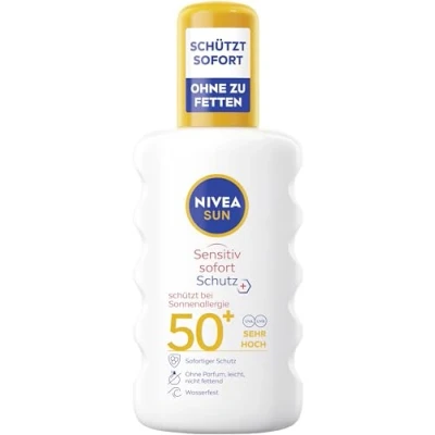 Obrázek NIVEA SUN Sensitiv Okamžitá ochrana opalovací sprej LSF 50+, mléko s 50+ pro citlivou pokožku, vodě odolná &amp; nevoňavá proti slunci při sluneční alergii (200 ml)