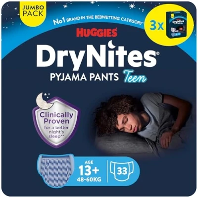 Obrázek Huggies DryNites noční plenky na pomočování, pro chlapce od 13 do cca 17 let (4860 kg), 33 kusů (3 x 11), Jumbo Monatspack, plenkové kalhotky XL