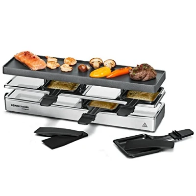 Obrázek ROMMELSBACHER RC 800 raclette grilovací zábava pro 4 (stolní gril, osoby, roztažitelný, parkovací plošina, hliníková litá roštová deska s nepřilnavou vrstvou Xylan Plus, 795 W) stříbrná