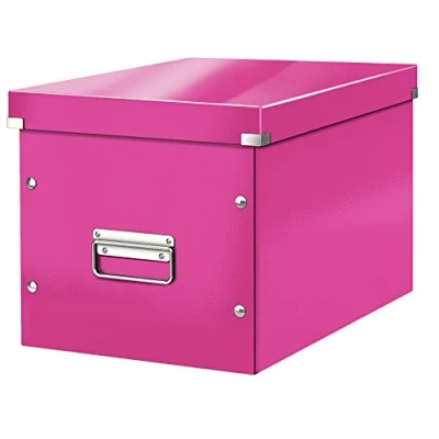 Obrázek Leitz Click &amp; Store úložný box s víkem velký, na kostky vhodný pro regály Kallax v obývacím pokoji nebo kanceláři, z 80 % recyklované prémiové tvrdé lepenky, stabilní kovové rukojeti, růžový,