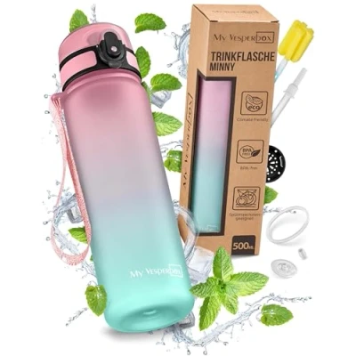 Obrázek My Vesperbox Minny Kinder Trinkflasche auslaufsicher 350ml, 500ml, 750ml mit Strohhalm oder Sieb leichte Tritan Wasserflasche BPA frei für Kindergarten, Schule (Rosa Türkis 500ml)