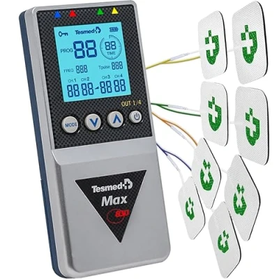 Obrázek TESMED Max 830: Professionelles TENS/EMS/Massagegerät mit sequentieller Stimulation, 4 Kanäle, 115 Programme, Davon 20 Anpassbar, Wiederaufladbar, Inklusive Elektroden