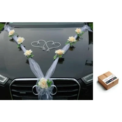 Obrázek ORGANZA M + srdíčka pro nevěstu pár růží dekorace na auto svatba svatební ratan girlanda ®ozdoba do auta osobní automobil (citrón/bílá/bílá)