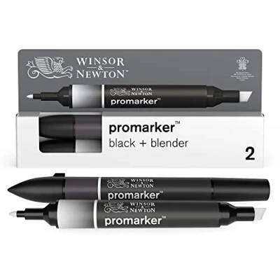 Obrázek Winsor &amp; Newton 0290148 ProMarker, profesionální layoutmarker 2 hroty, jemné a široké pro výkresy, design rozvržení sada ks v černé, černé barvě mixéru