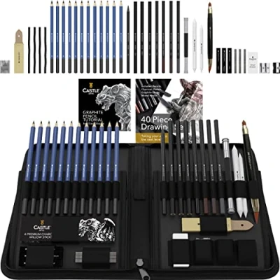 Obrázek Castle Art Supplies 40dílná prémiová kreslicí a skicovací sada s návodem Pro umělce, profesionály nebo začátečníky tužky, uhlí, grafitová další v přehledném pouzdře na zip