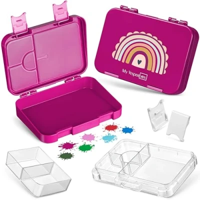Obrázek My Vesperbox Len Bento box pro děti krabička na oběd se 4 + 2 přihrádkami extrémně robustní svačinu svačinový ideální mateřské školy a školy... (fialová duha)