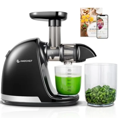 Obrázek AMZCHEF Odšťavňovač zeleniny a ovoce vítěz testu Slow Juicer s funkcí zpětného žvýkání Jemné drcení bez filtrování elektrický kartáčem 2 šálky matná černá