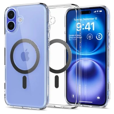 Obrázek Spigen pro iPhone 16 pouzdro [Anti Yellowing] Ultra Hybrid MagFit Case obal na mobil průhledný tenký kompatibilní s MagSafe Carbon Fiber