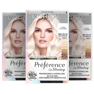 Obrázek L&#039;Oréal Paris Extrémní zesvětlení pro platinové blond vlasy, s technologií proti žlutému nádechu a lámání vlasů, permanentní barva na préférence Le Blonding, 9 l světlá platinová blond,