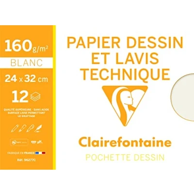 Obrázek Clairefontaine 96277C Mappe Zeichenpapier (ideal für technische Zeichnungen, 24 x 32 cm, 12 Bögen, 160 g) weiß