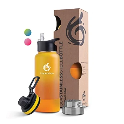Obrázek hydro2go ® Láhev na pití z ušlechtilé oceli 1000 ml / 1 litr pro sport, fitness a outdoorové aktivity termoska bez BPA + 3 uzávěry 100% odolná proti protékání