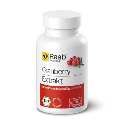 Obrázek Raab Vitalfood Kapsle s extraktem z bio brusinek, 90 kusů, bez přidaného cukru, 50 mg proanthokyanidinu (PAC) v jedné porci extraktu, lepku, veganské, balení 1 ks
