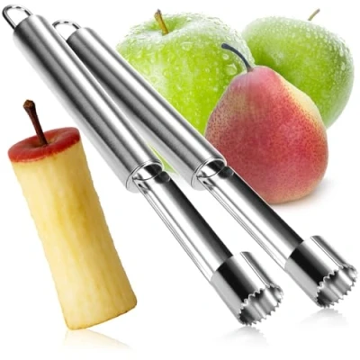 Obrázek COM FOUR® 2 x vykrajovátko na jablka z nerezové oceli, praktická vykrajovátka jádro se závěsným očkem, odstraňuje těleso jádra, pro pečená a další (002 kusů odpeckovač jablek stříbrná barva)