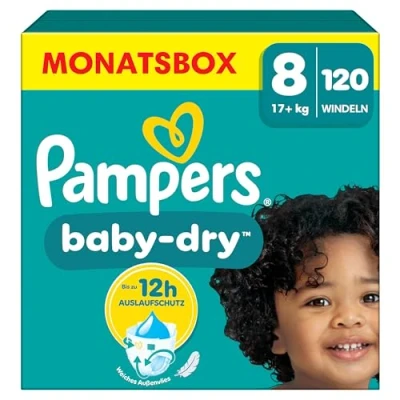 Obrázek Pampers Plenky Velikost 8, 120 plenek, 17 kg + Baby Dry, až 100% ochrana proti vytečení po celou noc