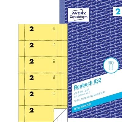 Obrázek AVERY Zweckform Bonbuch 832 (105 x 198 mm, 300 bonů s číšníkem č. 2, listem modrého papíru a po jednom průrazu, 1 blok kusy, ideální pro gastronomické potřeby) žlutá/bílá