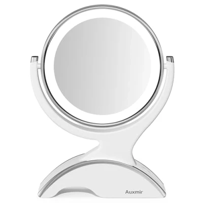 Obrázek Auxmir Dobíjecí kosmetické zrcátko se zvětšením 1 x / 10x, oboustranné stolní zrcadlo s LED osvětlením bez oslnění, otočné o 360 pro líčení, holení a péči obličej, bílé