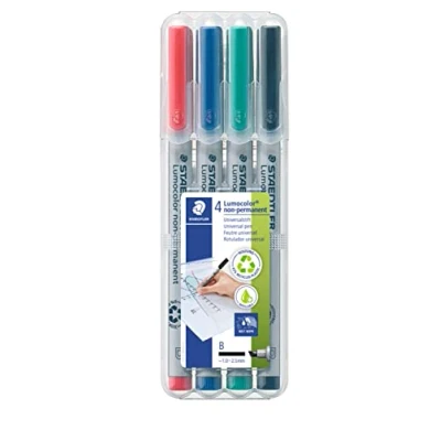 Obrázek STAEDTLER Univerzální tužka Lumocolor non permanent, široký klínový hrot cca 1,0 2,5 mm, omyvatelný vlhkým hadříkem, pro téměř všechny povrchy, 4 fóliové tužky v tříděných barvách, 312 WP4