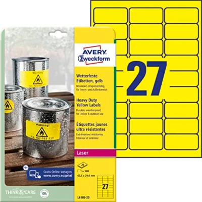 Obrázek AVERY Zweckform L6105 20 fólie odolné proti povětrnostním vlivům (63,5 x 29,6 mm na DIN A4, extrémně silně samolepicí, voděodolné, potisknutelná venkovní lepicí fólie) 540 nálepek listech žluté
