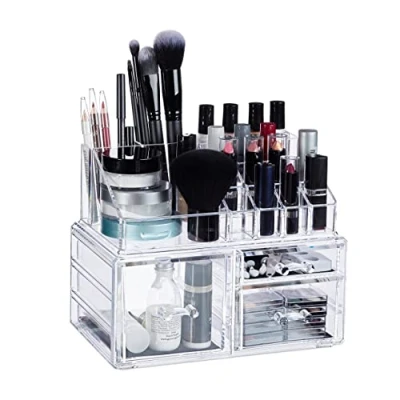 Obrázek Relaxdays Organizér na make up, 3 zásuvky, uložení líčidel pro lak nehty, rtěnka, akrylový organizér, průhledný