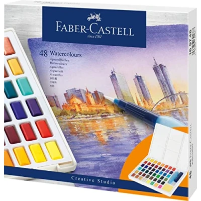 Obrázek Faber Castell 169748 Aquarellfarben in Näpfchen, mit Mischpalette und Wassertankpinsel, 48er Etui