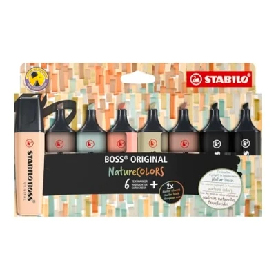 Obrázek Zvýrazňovač STABILO BOSS ORIGINAL NatureCOLORS balení 8 ks béžová, teplá šedá, zelená zemina, siena, bláto zelená, umbra, 2x černý