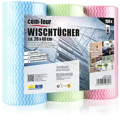 Obrázek com four® 150 ks utěrek na roli čisticí ubrousky do kuchyně, koupelny a domácnosti víceúčelové hadry ve třech barvách hadříky (0150 listů 20 x 40 cm 3 barvy)