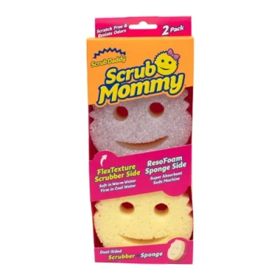 Obrázek Scrub Daddy Čisticí houba Mommy, čistič hrnců, kuchyňská houbička se změnou textury, mycí nepoškrábe, na smajlíky odolná proti zápachu, nádobí balení 2 ks, fialová