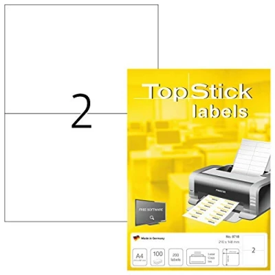 Obrázek TopStick 8718 univerzální etikety, 100 listů, 210 x 148 mm, 2 arch A4, 200 kusů, samolepicí, s možností potisku, matné, prázdné papírové lepicí bílé