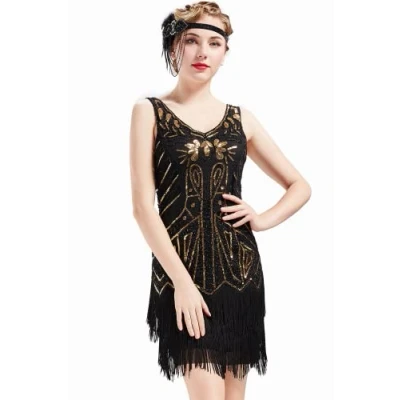 Obrázek BABEYOND Dámské retro šaty ve stylu 20. let století se dvěma vrstvami třásně s výstřihem do V Velký Gatsby Motto Party Kostým Šaty Vel. L (Fits 82 92 cm pas a 100 110 boky), zlatá černá, černá