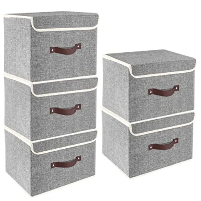 Obrázek TYEERS Skládací úložný box s víkem, látka, pratelné, bedny 38 x 25 cm, 5 kusů, šedá
