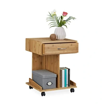 Obrázek Relaxdays Servírovací stolek s kolečky Rollli bambus, zásuvka, 2 přihrádky na knihy, V x Š H: cca 56,5 43 46 cm, přírodní