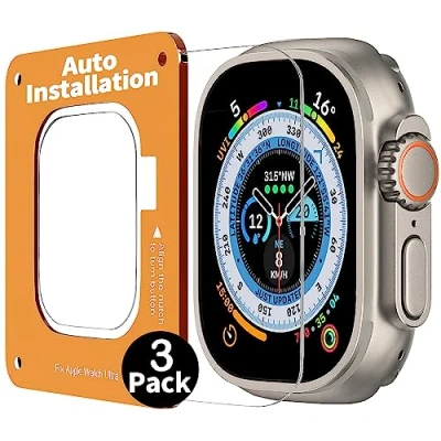 Obrázek Uluck 3 kusy pancéřového skla pro Apple Watch Ultra 2/Ultra 49mm, 9H Tempered Glass Screen Protector s souprava vyrovnání automobilu iWatch