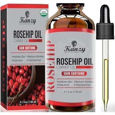 Obrázek Kanzy Šípkový olej bio lisovaný za studena 100% čistý 120 ml Rosehip Oil na divoké růže kůži, vlasy, nehty, pleťový olej, tělový veganský bezhexanový ze šípkových jader, proti