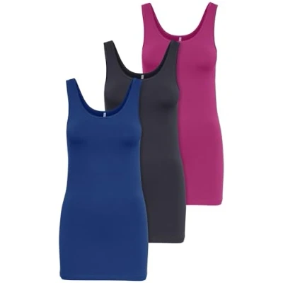 Obrázek ONLY Balení 3 ks dámské horní díly Basic tank topy bílé, černé, šedé, modré, krémové tričko dlouhé letní top 15201465, Mix barev 4