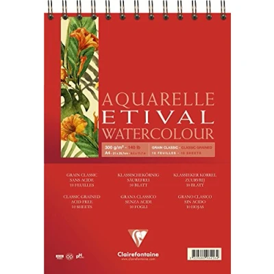 Obrázek Clairefontaine 96426C Aquarellblock Etival (matt, 300g, für alle Nasstechniken geeignet, Spiralbindung, 10 Blatt, DIN A4, 21 x 29,7 cm, ideal Anfänger, säurefrei) weiß