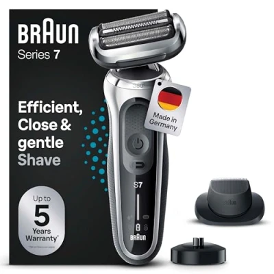 Obrázek Braun Series 7 elektrický holicí strojek 360 Flex s přesným zastřihovačem EasyClick, pánský nástavcem, mokrý a suchý, dárek pro muže, Made in Germany, 71 S4200cs, stříbrný