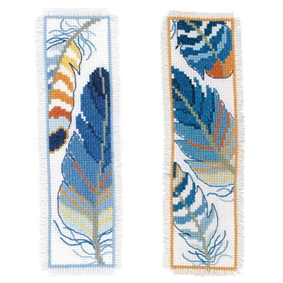 Obrázek Vervaco PN 0170379 Blaue Federn 2er Set Lesezeichen Stickpackung Zählmuster, Baumwolle, mehrfarbig, ca. 6 x 20 cm / 2,4&quot; 8&quot;