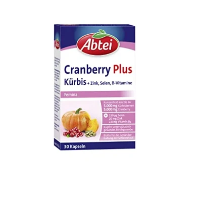 Obrázek Abtei Cranberry Plus dýně vysoká dávka doplněk stravy pro vazivo, sliznici a imunitní systém se zinkem, selenem, biotinem vitamíny B 1 x 30 kapslí (balení ks)