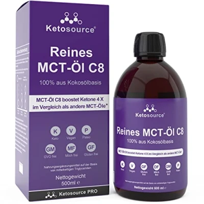 Obrázek Čistý MCT olej C8 Produkuje 4 x ketony ve srovnání s jinými oleji Nejvyšší čistota více než 99 % 100 z kokosu podporuje keto a půst Vegan 500 ml Ketosource®