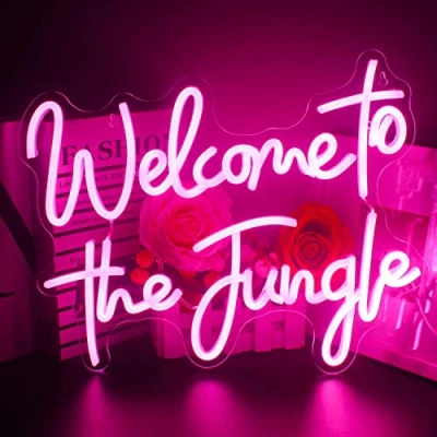 Obrázek Looklight Neonový štítek Welcome to the Jungle růžová LED reklama Písmeno Neonové světlo pro nástěnnou dekoraci USB světelný do ložnice, domu, baru, okna, na zahradu, svatbu, party